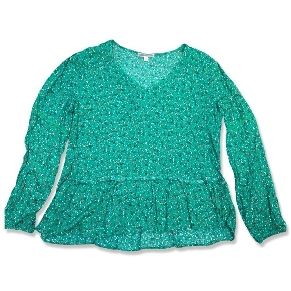 ⭐️PLEIONE Womens Green Floral Flowy Ruffle Oversized Blouse - Picture 3 of 7